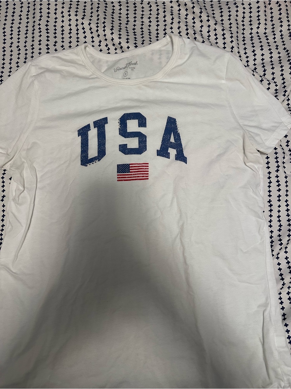 Universal Thread White Tee with Distressed Navy Graphic